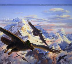 Bilbo, die Zwerge und Gandalf werden von den Adlern gerettet (Bild: Ted Nasmith)