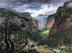 Die Zwerge, Bilbo und Gandalf kommen nach Bruchtal, Bild: Ted Nasmith