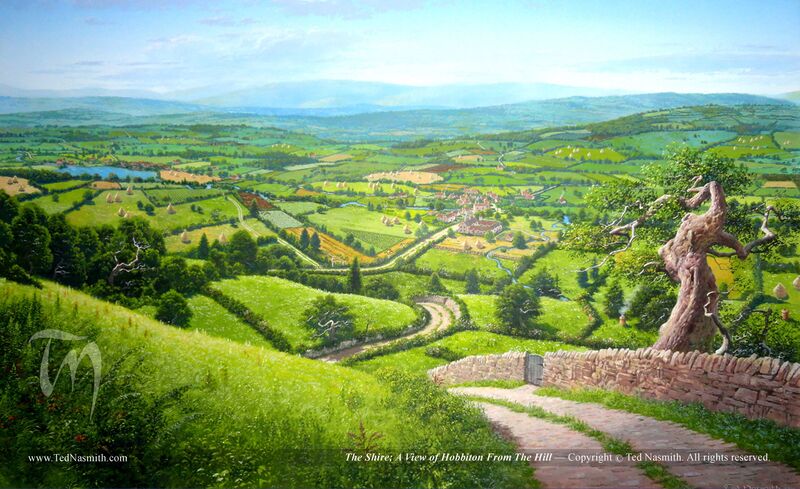 Datei:Ted Nasmith – The Shire; A View of Hobbiton From The Hill.jpg